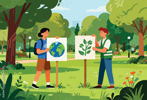 Two young people advocate for the planet and nature by holding signs in a park