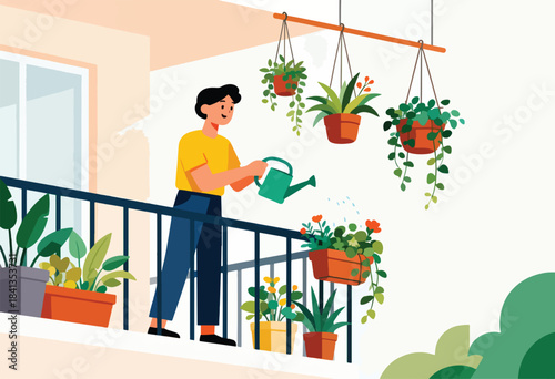 Person waters plants on a balcony, with hanging pots and railing