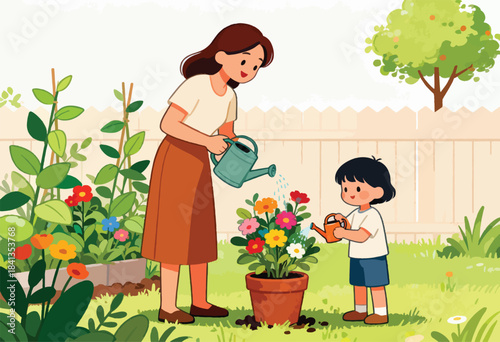 Parent and child happily watering flowers in a sunny backyard garden