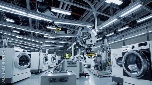 modern washing machine production line inside a large factory, rows of appliances assembled, bright industrial lighting, futuristic clean factory environment