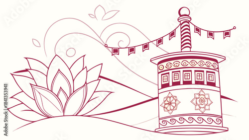 Stylized vector illustration depicting a tranquil spiritual landscape with a lotus and prayer wheel.