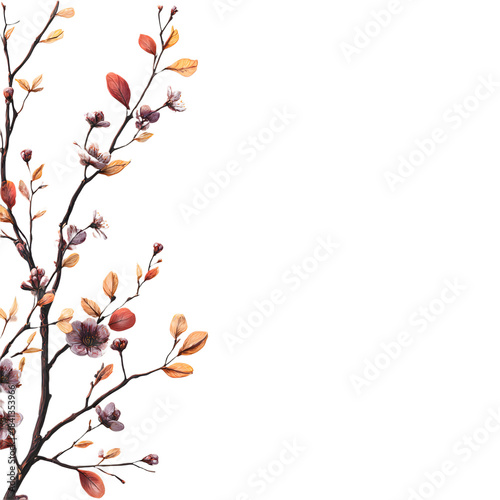 An elegant watercolor painting showcasing delicate branches adorned with budding leaves and dainty flowers, offering a touch of natural beauty.