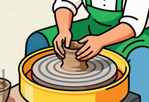Hands shape wet clay on a spinning wheel, creating a pot
