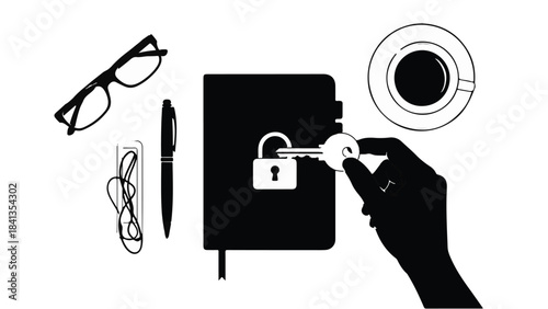 Hand unlocking diary with key, surrounded by glasses, pen, cord, and coffee cup on white background, symbolizing security, privacy, and productivity