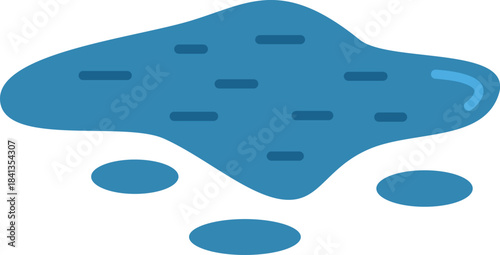 Water puddle reflecting light blue sky with small puddles around on white background