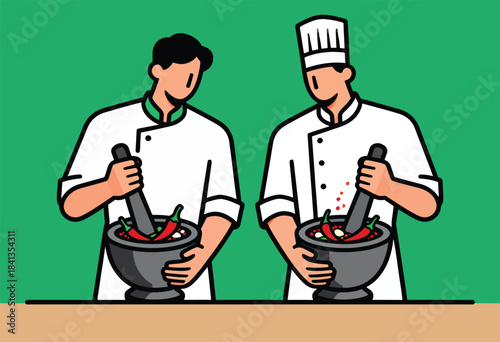 Two chefs preparing ingredients in mortars with pestles and chilies