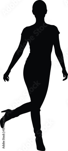 Silhouette of a woman walking in high heels with one leg raised