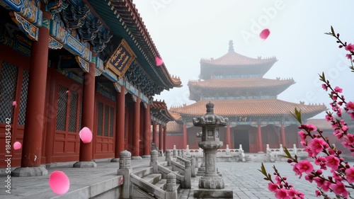 Peach Blossom Petals Fall Near a Beijing Temple in the Mist