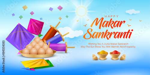 This cheerful Makar Sankranti vector illustration showcases the essence of the popular Indian harvest and kite-flying festival. The design features colorful kites soaring in a bright blue sky.
