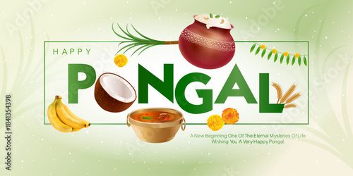 A fresh green minimal-style Pongal design featuring a beautifully crafted clay pot, coconut, bananas, wheat, garlands, and a traditional food bowl arranged around bold Pongal typography.