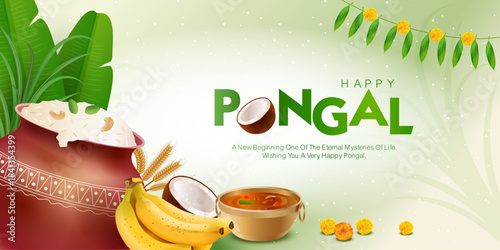 A beautifully detailed Happy Pongal vector design featuring a traditional clay pot with overflowing sweet pongal, fresh banana leaves, coconuts, bananas, wheat, marigold flowers, and festive garlands.
