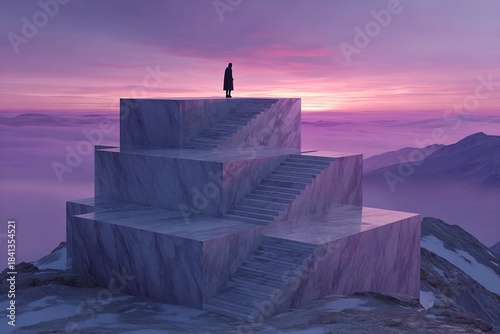 Person stands on steps at sunset on mountain view