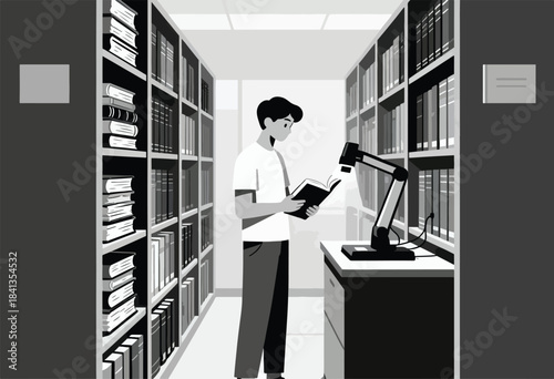 Person holding a book in a library aisle, with shelves and a desk with a scanner