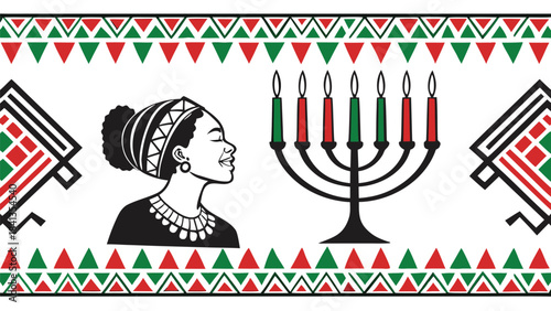Vector illustration of African woman celebrating Kwanzaa with traditional clothing and kinara candles in cultural festive environment, side view design