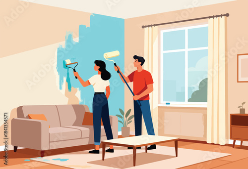 Couple repainting their living room walls in a fresh blue color