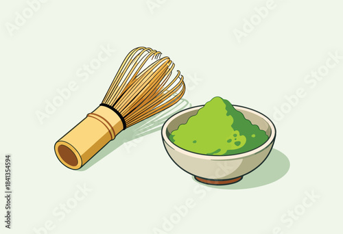 A bamboo whisk and bowl of green powder, ready for preparation