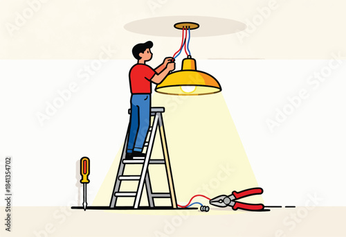 Man on ladder wiring a lamp with tools on floor
