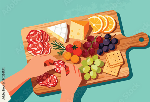 Hands arranging a charcuterie board with cheese, meats, fruits, and crackers