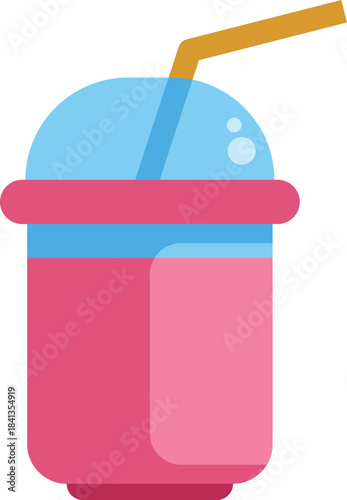 Refreshing pink milkshake in a plastic cup with a blue lid and a straw, representing a sweet and cool beverage