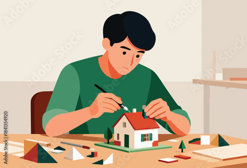 Young man meticulously crafts a miniature house model with tools and blocks