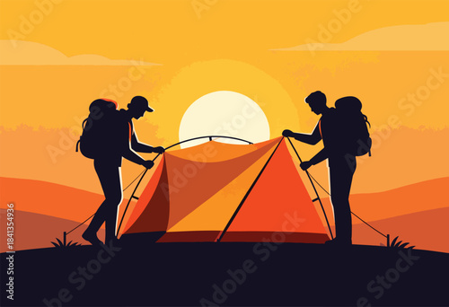 Silhouetted hikers set up tent against vibrant sunset backdrop