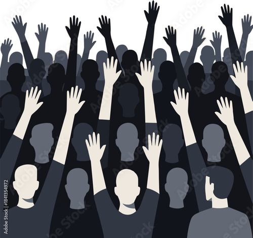 Isolated a kinds of different Crowd of people with hands in the air in black silhouette cheering, holding banners - protesters, demonstration, revolution, sport supporters, vector art.