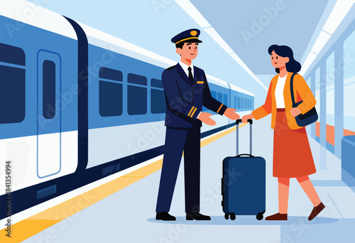 Train attendant helps passenger with luggage at station