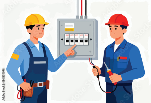 Two electricians in hard hats work on a breaker box, one pointing at switches