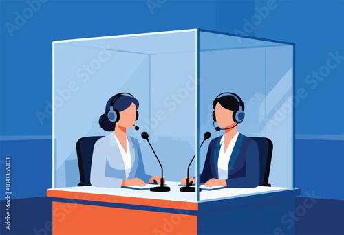Two people in headsets and suits sit behind microphones in a transparent booth