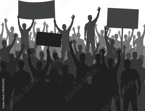 Isolated a kinds of different Crowd of people with hands in the air in black silhouette cheering, holding banners - protesters, demonstration, revolution, sport supporters, vector art.