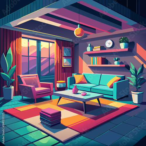 Retro Inspired Cozy Living Room with Sunset Lighting