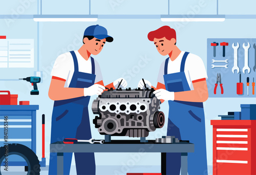 Two mechanics in blue overalls work on a car engine in a well-equipped garage
