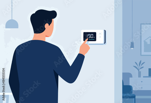 Person adjusting a digital thermostat to 190 degrees in a modern home interior