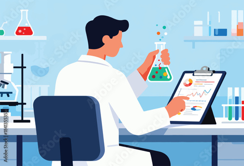 Scientist examining beaker and data, surrounded by lab equipment