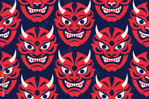 Seamless vector pattern of traditional red demon masks in a graphic design, cultural illustration, flat style, vivid colors, front view, Asian folklore concept
