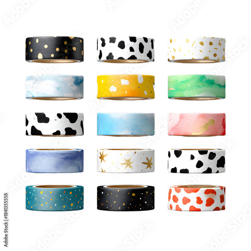 A diverse collection of decorative tape rolls in an array of patterns and colors, perfect for crafting and creative projects.