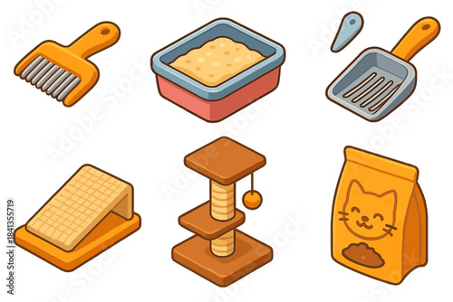 Cat accessories collection: litter box, scoops, scratcher, tower, food bag