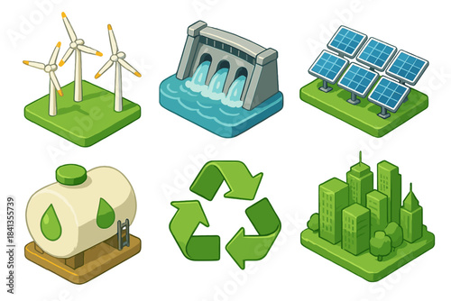 Sustainable energy sources: wind turbines, hydroelectric dam, solar panels, biofuel, recycling, eco-friendly urban design