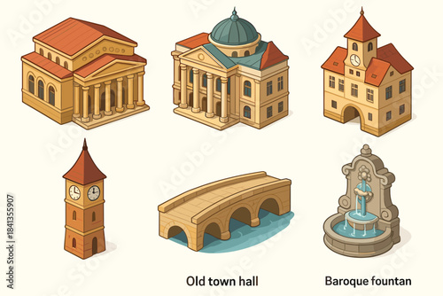 Isometric set of historical buildings and structures with fountain in baroque style