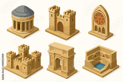 Isometric miniature models of ancient and medieval stone architectural landmarks