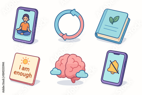Meditation and mindfulness icons: wellness, brain, book, and phone graphics