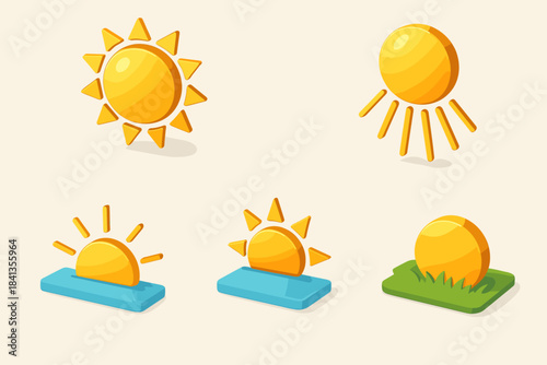Colorful sun icons in various styles including sunrise and sunset designs