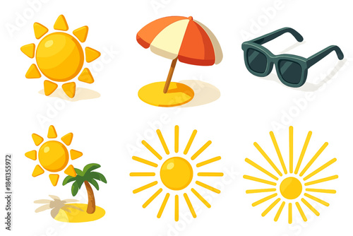 Summer icons: sun, umbrella, sunglasses, palm tree, radiant designs