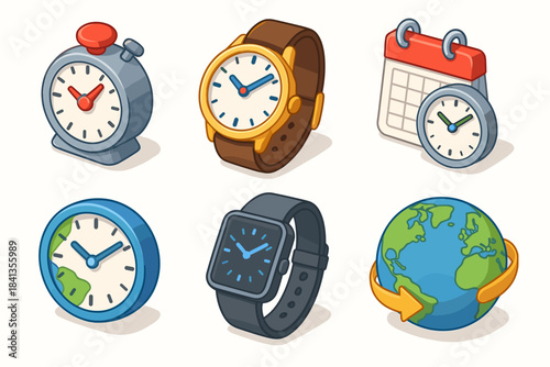 Collection of various cartoon clocks and calendar with globe