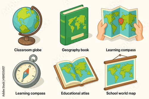 Educational geography tools: globe, maps, compass, and atlases for learning