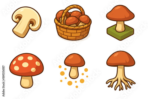 Cartoon mushroom collection with basket on white background