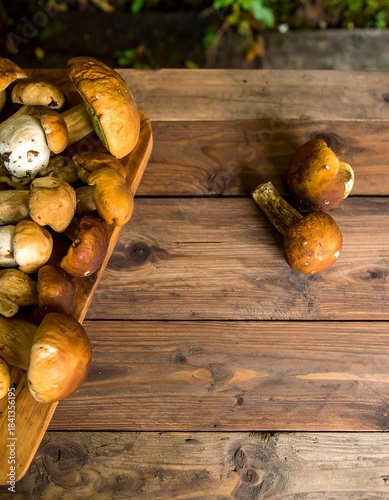 Fresh mushrooms on rustic wooden table