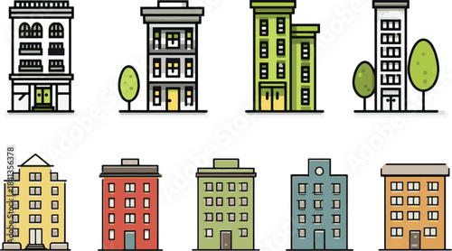 set of simple line art icons featuring apartment buildings, vector icon style