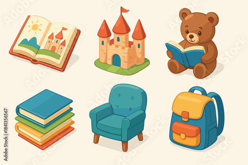 Playful children's items: books, castle, teddy bear, cozy chair, backpack