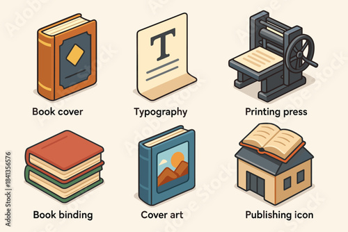 Collection of publishing icons: book, typography, printing press, book binding, cover art, publishing house